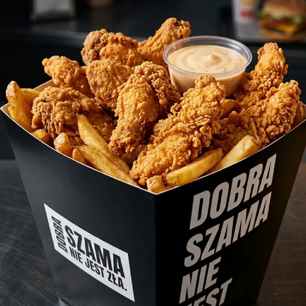Box ze stripsami z kurczaka, frytkami i sosem — Dobra Szama Chicken King